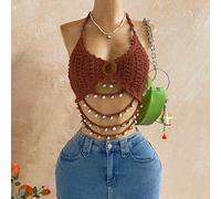 Nuova canotta estiva con scollo a V, con catena di perle sulla schiena, maglia senza schienale, stile bohémien, boho, da spiaggia, vacanza, vintage L,M,S,XSColore unicoMaglieria