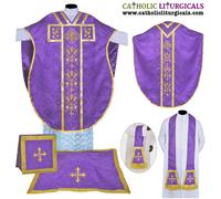 Nuova casula viola, paramento e set massa stile San Filippo Neri, ricamo IHS