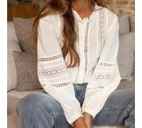 Nuova Collezione Best Seller: Camicetta bianca stile bohémien francese ricamata e traforata - Camicia a maniche lunghe con colletto arricciato e dettagli traforati, versatile per l'uso quotidiano e il