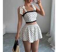 Nuova collezione estiva, set di 2 pezzi elegante da vacanza in stile francese, composto da top corto con volant e fiocco, stampa a pois + pantaloni culotte vita elastica, ampi, per donne L,M,S,XL,XSPo