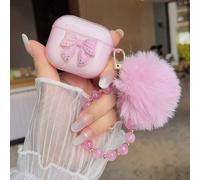 Nuova custodia per telefono decorata con fiocco rosa con strass, pallina di pelliccia rosa e catena a fiocco di neve rosa Apple AirPods 1/2,Apple AirPods Pro,Apple AirPods 3,Samsung Galaxy Buds 2,Sams