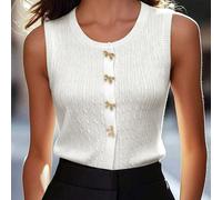 Nuova elegante maglietta senza maniche con collo rotondo e texture a treccia, in stile minimalista per la primavera/estate da donna. Cardigan aderente monopetto senza maniche con decorazione farfalla 