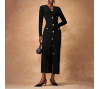 Nuova gonna lunga elegante e casual per primavera ed estate, con collo rotondo, senza maniche, orlo decorato con bottoni in metallo, gonna a sirena con apertura sul davanti, abbinata a un maglione ner