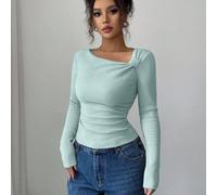 Nuova maglietta a maniche lunghe con colletto obliquo plissettato, in colore unito e lavorazione a coste spazzolate, per l'autunno/inverno, taglio slim casual L,M,S,XL,XSColore unicoTessuto in maglia