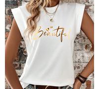 Nuova maglietta casual di base alla moda per donne con scollo rotondo e maniche corte, con stampa artistica del testo "Beautiful" sul davanti L,M,S,XL,XSNataleTessuto in maglia