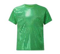 Nuova maglietta corta per ragazzi Design Grafico a Quadri con Paillettes argentate Tocco Abbigliamento casual adatto a tutte le attività all'aperto dei bambini dai 2 ai 19 anni, verde, 4-5 Anni