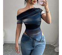 Nuova Maglietta da donna con stampa a tintura a effetto, scollo obliquo e maniche corte L,M,S,XL,XSTessuto in maglia