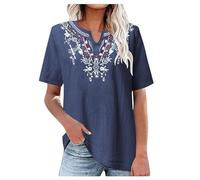 Nuova maglietta da donna ricamata cotone lino con scollo a V, tinta unita, vestibilità comoda, maglietta artistica a maniche corte per donna top glitter, Blu marino, XXL