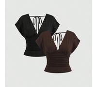 Nuova maglietta in maglia versatile da donna, scollo a V profondo davanti e dietro, indossabile in due modi, vita stretta con laccio arricciato sul retro, maniche collegate alle spalle, set da 2 pezzi
