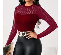 Nuova maglietta nera aderente con cuciture in rete geometrica, un capo di abbigliamento alla moda e versatile, taglie forti, abbigliamento autunnale da donna, back to school 0XL,1XL,2XL,3XL,4XL,5XLA s