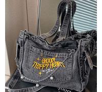 Nuova moda classica e versatile, design casual con grafica a lettere, lavorazione ricamata, borsa a spalla con grande capacità e decorazione in catena tessuto lavato consumato per zaino da donna, adat