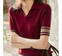 Nuova Polo in maglia fine per donna, versatile e alla moda, maglietta a maniche corte per primavera, autunno e estate L,M,S,XLA strisceTessuto