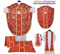 Nuova stola e set massa paramento stile St. Philip Neri Red Agnus Dei Chasuble
