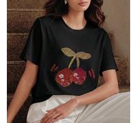 Nuova t-shirt da donna urban chic, versatile per l'accademia e il pendolarismo, con pesanti perline e ricamo di ciliegie sul collo rotondo, manica corta, adatta per primavera/estate L,M,S,XLFrutta & v