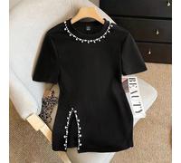 Nuova t-shirt elegante francese nera a maniche corte per l'estate - collo a equipaggio impreziosito da perle con spacco laterale, top elegante di nicchia aderente e valorizzante della figura L,M,S,XLC