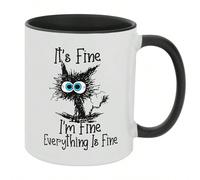 Nuova tazza/tazzina da caffè in ceramica a forma di gatto con il testo "È tutto bene, sto bene, tutto è a posto" per il ritorno a scuola 11 once,11 OZ -BLetterePorcellana