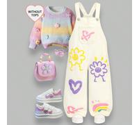 Nuova tuta intera in denim morbido e comodo per ragazze, con stampa floreale, cuore, arcobaleno, graffiti di moda e stile casual 6Y,7Y,8Y,4Y,5YFumettoDenim