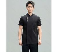 Nuova uniforme da chef unisex a maniche corte, con colore unito, ricamo a lettera, bottoni nascosti e colletto alla coreana L,M,S,XL,XS,XXLGrafico,LettereTessuto intrecciato