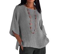 Nuove Donne A Tre Quarti Maniche Girocollo Camicie in Cotone E Lino Top di Base Magliette Larghe Casual alla Moda