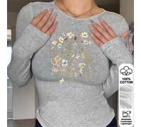 Nuove idee per outfit primavera 2026! Stile aderente, 100% cotone di alta qualità, maniche lunghe, t-shirt semplice da donna con motivo floreale, comoda ed elegante, stile country francese, per abbrac