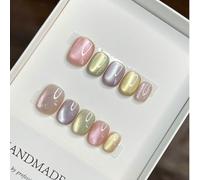 Nuove unghie finte corte e rotonde fatte a mano per l'estate, accessori per arte di unghie con design ad occhio di gatto con perline di vetro arcobaleno Blocchi di colore,Colore unico,PianteABS