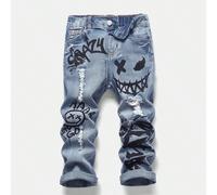 Nuovi jeans di moda per ragazzi, stile urbano cool, stampa graffiti, strappati e sfilacciati, in denim blu ad alta elasticità, adatti per l'autunno/inverno, per l'uso quotidiano, lo streetwear, il Nat