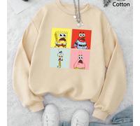 Nuovi modelli per la primavera e l'autunno di SpongeBob SquarePants, stampa creativa con motivo a 5 bande, scontro tra retrò e moda, felpa bianca da donna, tessuto di cotone comodo e traspirante, tagl