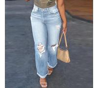 Nuovi pantaloni casual da donna stile strada americana basic, con strappi, gamba dritta e ampia, per la primavera L,M,S,XL,XSDenim