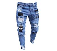 Nuovi Pantaloni da Uomo Slim-Fit alla Moda alla Moda con Toppe d'Arte Jeans Skinny da Moto Pantaloni Slim-Fit
