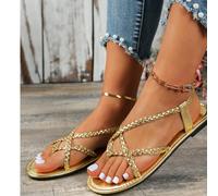 Nuovi sandali infradito piatti intrecciati a righe, scarpe da spiaggia casual e versatili, sandali piatti leggeri e confortevoli nei colori marrone, bianco, nero, oro, argento e multicolore EUR36,EUR3