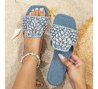 Nuovi sandali piatti da donna alla moda, con punta quadrata decorata in cristallo, suola morbida e antiscivolo, adatti per spiaggia, viaggio, festa, taglie forti EUR36,EUR37,EUR38,EUR39,EUR40,EUR41,EU