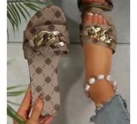 Nuovi sandali piatti da donna con dettagli a catena, punta tonda, comodi, casual, infradito, stile floreale estivo da spiaggia con tacco basso EUR36,EUR37,EUR38,EUR39,EUR40,EUR41,EUR42,EUR43Colore uni