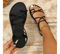 Nuovi sandali piatti estivi da donna con cinturini sottili, design con punta chiusa e aperta, sandali neri adatti per spiaggia, strada, vacanza, festa estiva e altre scene della vita quotidiana, un el