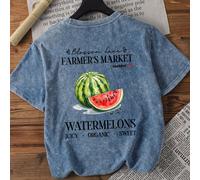 Nuovi stili estivi per top da donna, taglie comode, t-shirt in cotone lavato con collo rotondo e maniche corte, con stampa di anguria, che esprime un temperamento dolce e gentile. Top estivi taglie co