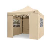 Nuovissimo e robusto gazebo 3m x 3m di qualità superiore, con 4 solidi teli laterali, si monta in un attimo ed è completamente impermeabile. Sacca per il trasporto GRATUITA in dotazione + 4 sacchetti di sabbia per il contrappeso da applicare ai piedi - Beige