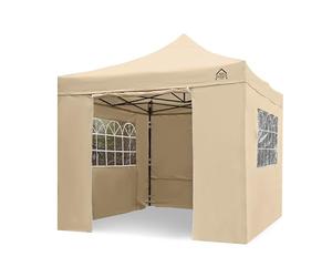 Nuovissimo e robusto gazebo 3m x 3m di qualità superiore, con 4 solidi teli laterali, si monta in un attimo ed è completamente impermeabile. Sacca per il trasporto GRATUITA in dotazione + 4 sacchetti di sabbia per il contrappeso da applicare ai piedi - Beige