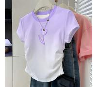 Nuovissimo stile in , maglietta a maniche corte da donna con gradiente delicato di viola e bianco a tulipano, perfetta per andare a scuola e fare shopping con le amiche, dolce e versatile per la prima