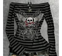 Nuovissimo stile in , maglietta a maniche lunghe da donna con stampa di teschio e ali a righe nere e grigie, perfetta per l'uso quotidiano, per uscire con le amiche e versatile in primavera e autunno 