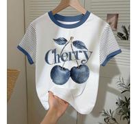 Nuovissimo stile in , stile casual retrò americano, maglietta a maniche corte da donna con decorazioni in denim, lettere di ciliegie e righe, adatta per andare a scuola, fare shopping e uscire con le 