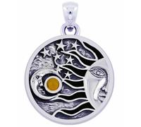 Nuovo 0.925 Argento Sterling Sole, Luna E Stars Con Ambra Pendente Pietra
