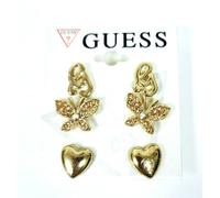 Nuovo 3 PC Set GUESS Color Oro, Cristalli Rosa, Cuore, Farfalla, Logo Orecchini