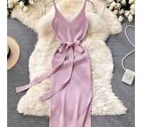 Nuovo abito a maglia con scollo a V stile divinità, gonna che affina la vita e valorizza la figura, con cintura, spalline a spaghetti, adatto per l'estate L,M,S,XLColore unicoTessuto in maglia