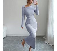 Nuovo abito casual ed elegante da donna con colletto obliquo, maniche lunghe, design arricciato in vita, decorato con bottoni, in maglia a coste, adatto per l'autunno/inverno L,M,S,XLColore unicoTessu