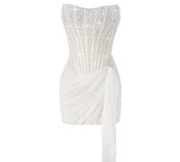 Nuovo abito corto bianco da donna in rete con perline, bustier sexy che stringe la vita, elegante abito da sera a-line adatto per fidanzamenti, San Valentino, feste di Natale e Capodanno L,M,SPianteTe