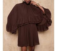 Nuovo abito corto casual ed elegante di colore caffè con colletto alto, design con doppio volant sull'orlo, vestito ampio, adatto a donne per occasioni sexy da club notturno, come abito da ospite di m