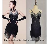 Nuovo abito da ballo latino professionale con strass, nappe e paillettes, scollo a V, senza maniche, mini abito da festa, abito da sposa nero, primavera L,MGeometricoTessuto in maglia