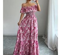 Nuovo abito da donna con stampa floreale vintage, stile boho, con spalle scoperte, maniche arricchite da volant, vita con cordino, adatto per uso quotidiano, casual, vacanze e feste, che snellisce la