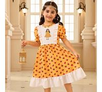 Nuovo abito da principessa dolce e carino con stampa floreale ditsy per ragazze giovani, con motivo a fiori rossi e foglie verdi e design di una ragazza con una lanterna, stile vivace e adorabile, abi