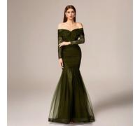 Nuovo abito da sera formale da donna verde con spalle scoperte, maniche lunghe in pizzo, patchwork in rete, design arricciato sul busto, orlo a balze, adatto per matrimoni e feste autunnali L,M,SColor