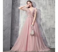 Nuovo abito da sera rosa dolce, abito elegante da banchetto con scollo a V, applicazioni in pizzo, abito lungo da ballo formale per feste, abito da cerimonia da matrimonio, adatto per laurea, cena L,M